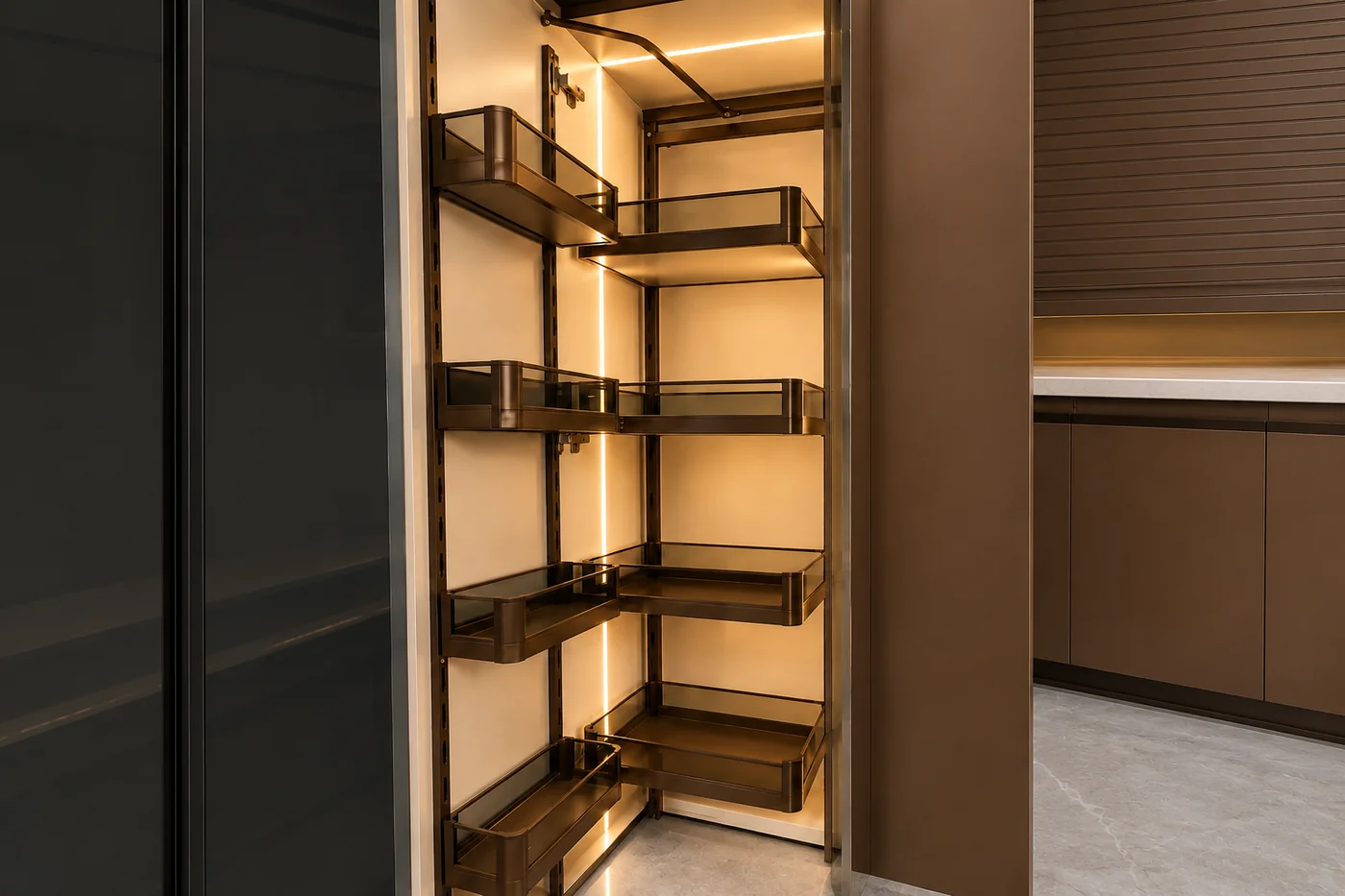 SATORI illuminated corner pull-out shelving system